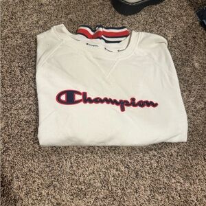 Champion Cream Pullover with Red and Blue Logo